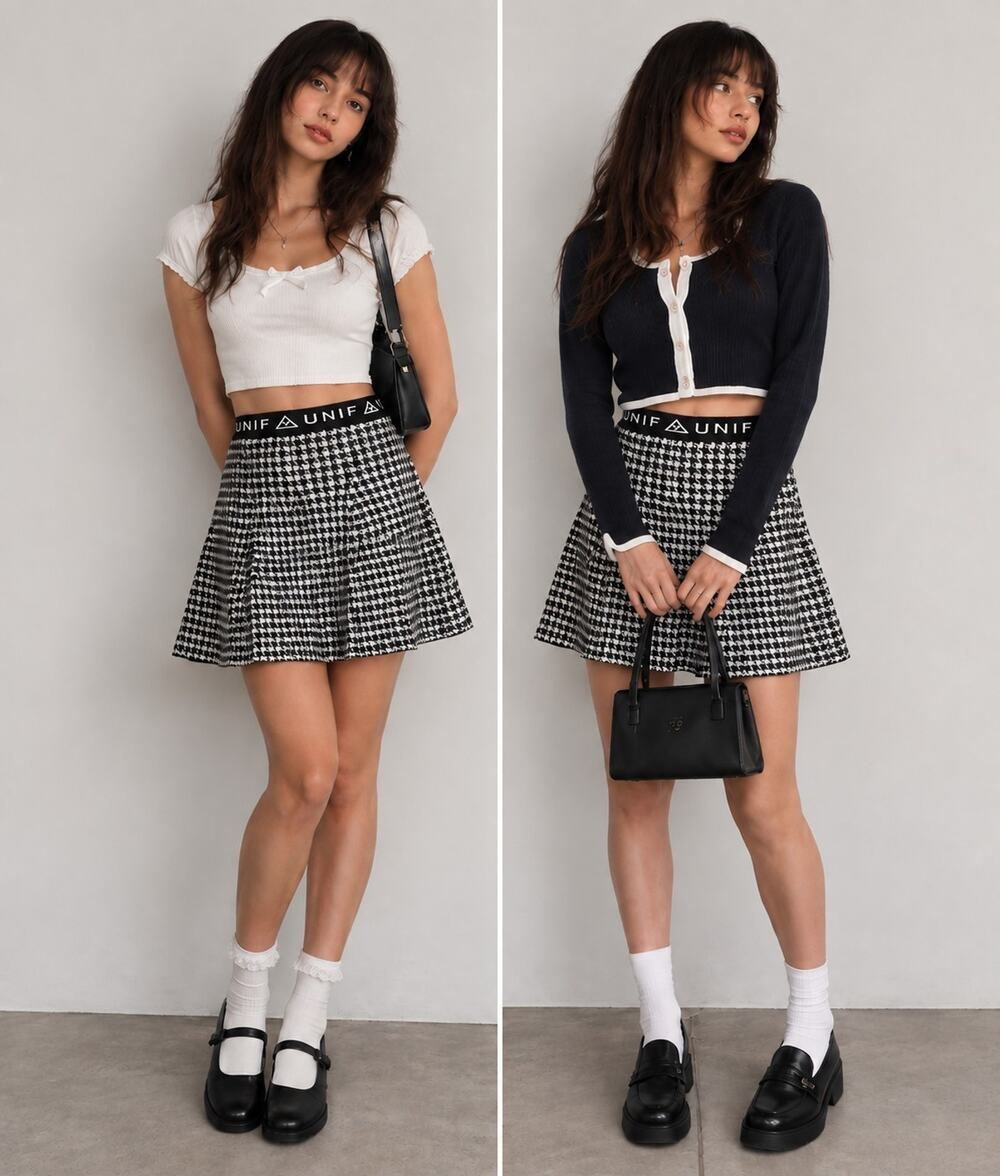 UNIF Black Houndstooth Knit Skater Skirt Twee Preppy Retro Mod Geek Grunge Small